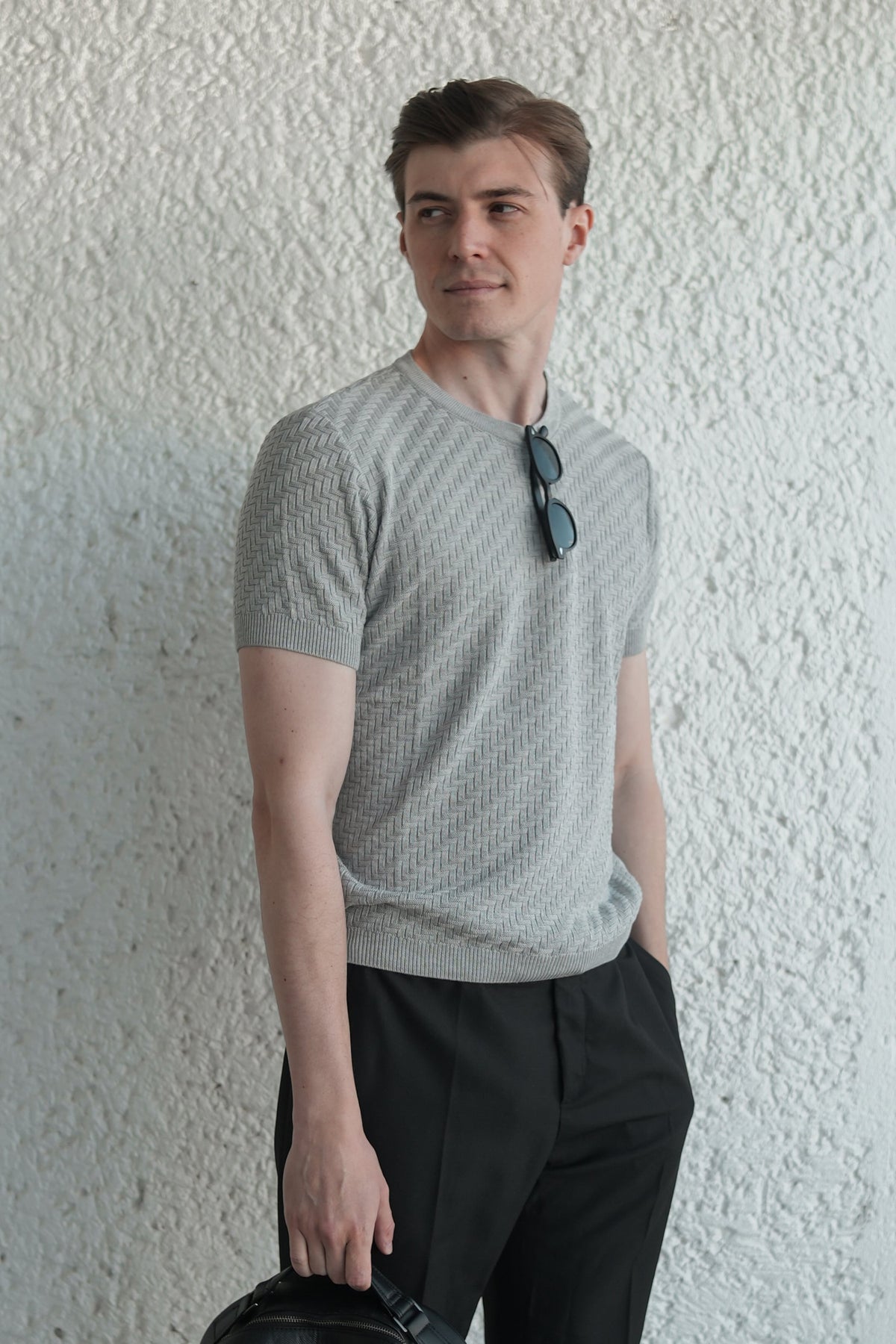 Camiseta Tricot Texturizada Cinza Claro