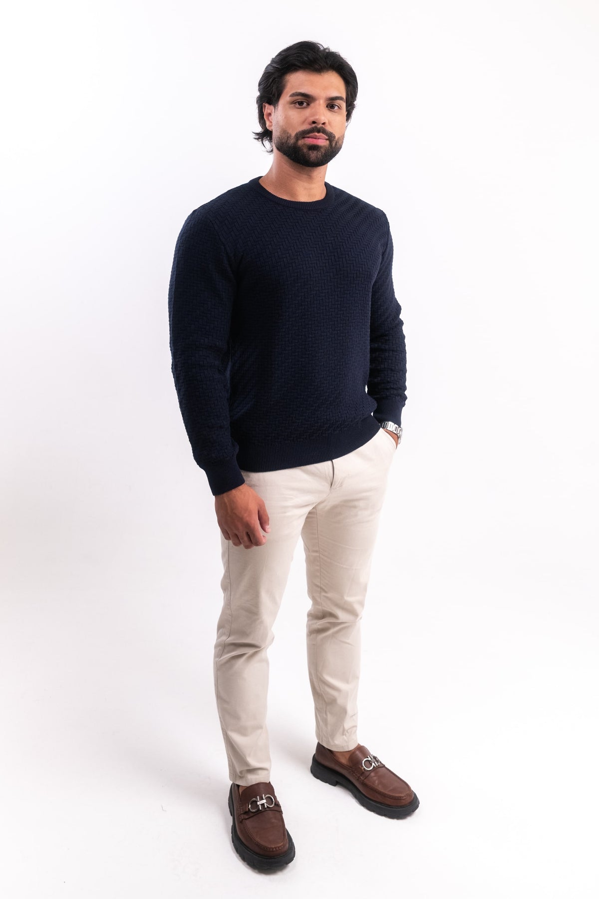 Suéter Tricot Texturizado Azul Marinho