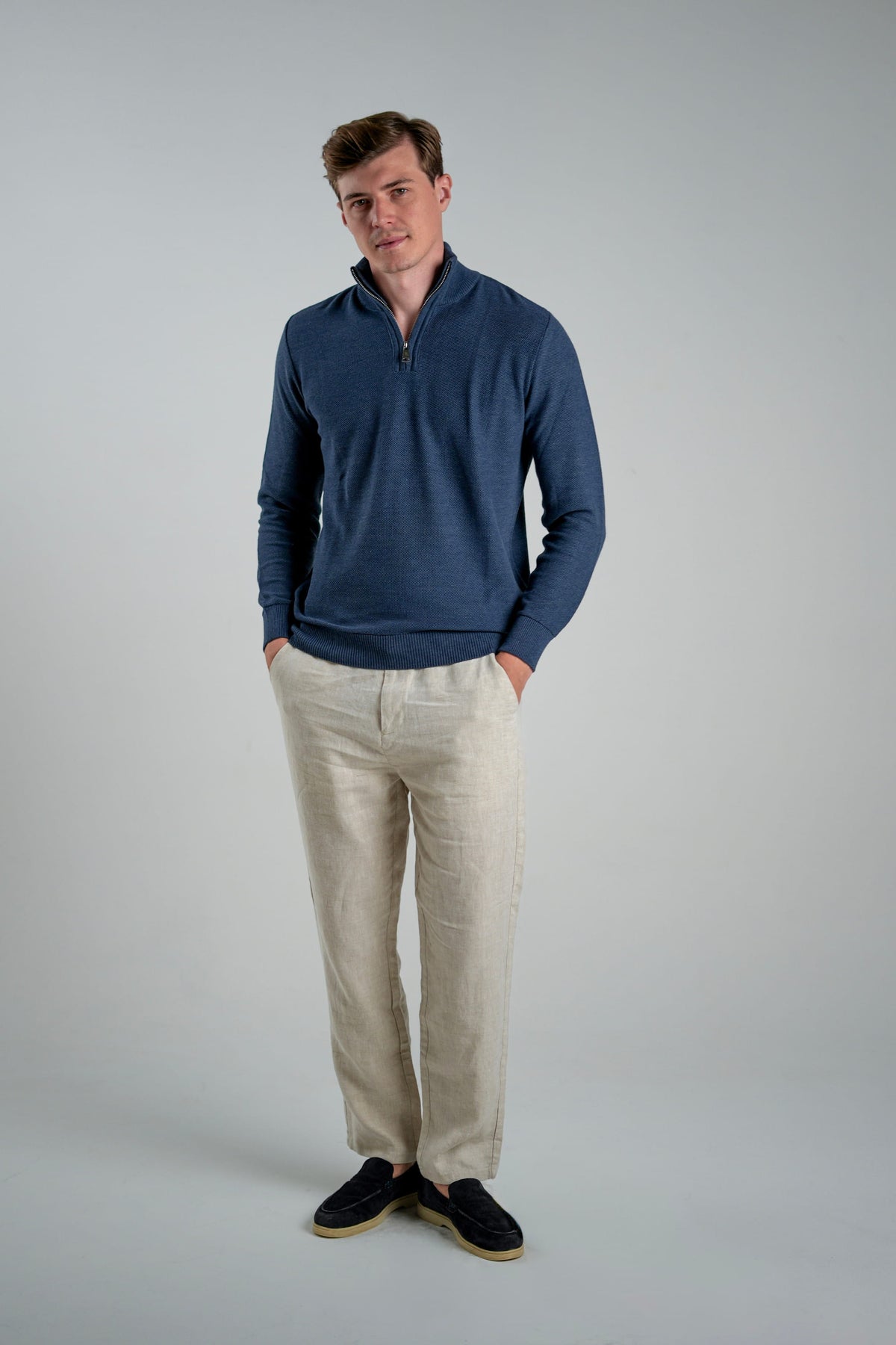 Suéter Quarter-Zip Ponto Piquet Azul Índigo