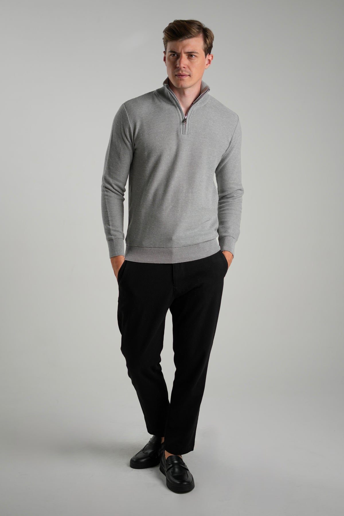 Suéter Quarter-Zip Ponto Piquet Cinza Claro