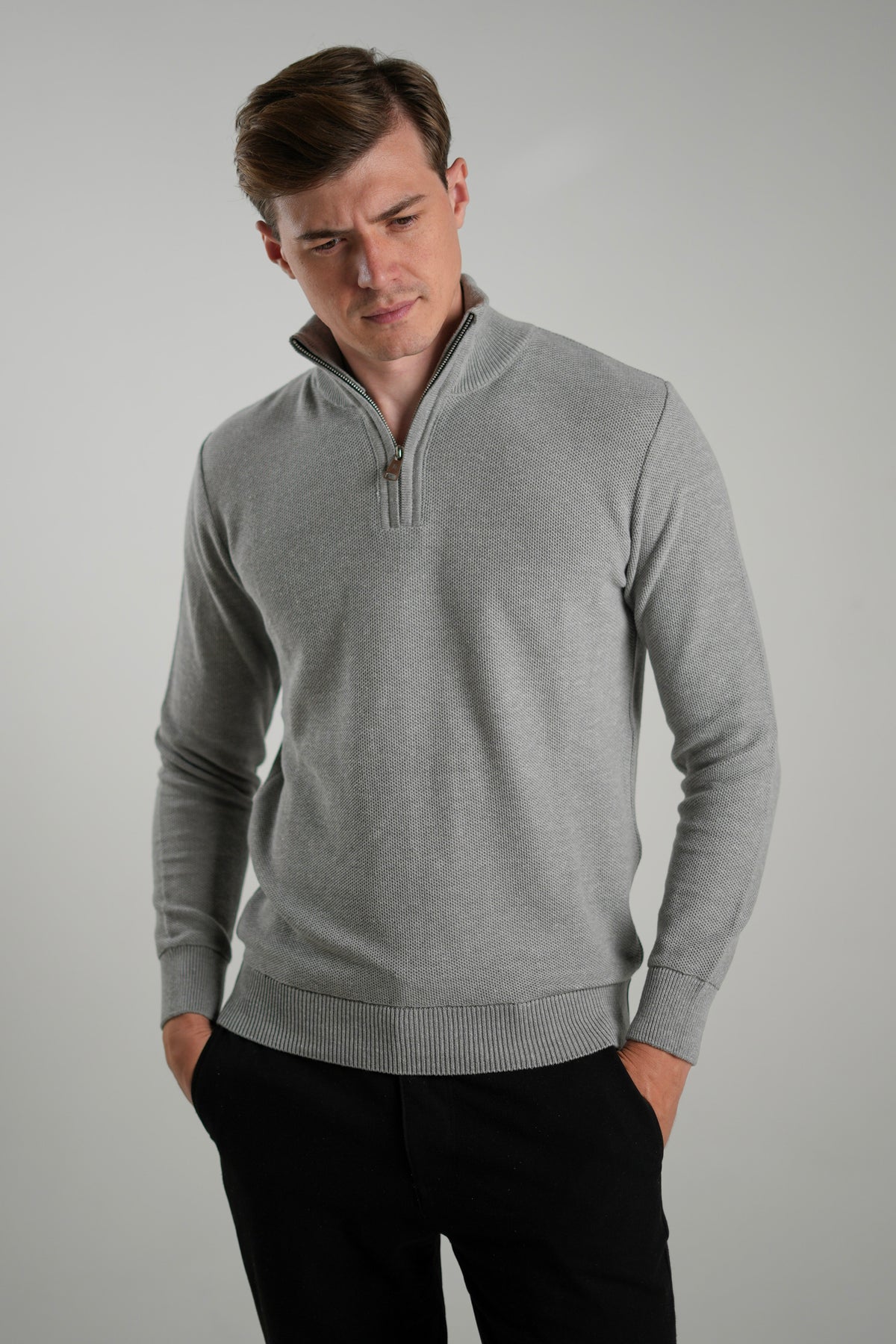 Suéter Quarter-Zip Ponto Piquet Cinza Claro