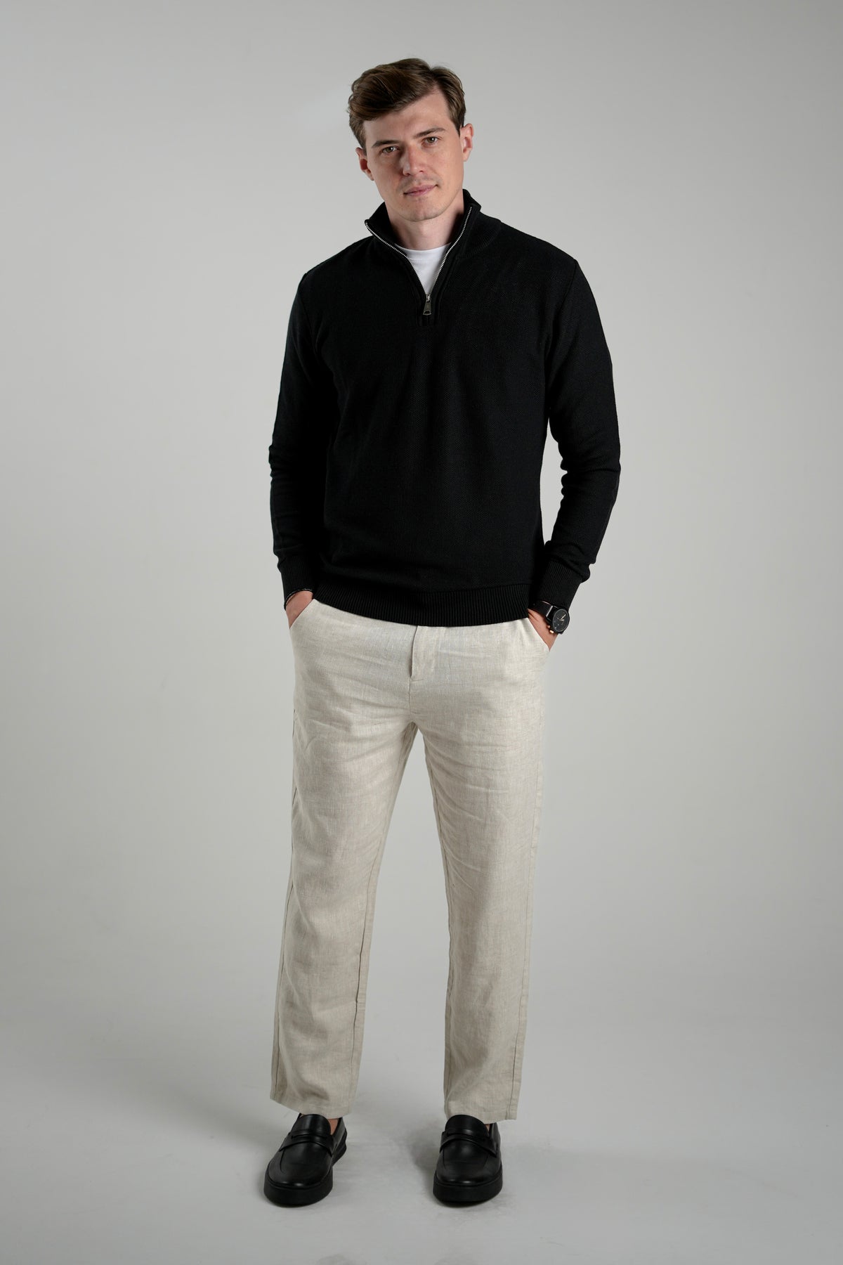 Suéter Quarter-Zip Ponto Piquet Preto